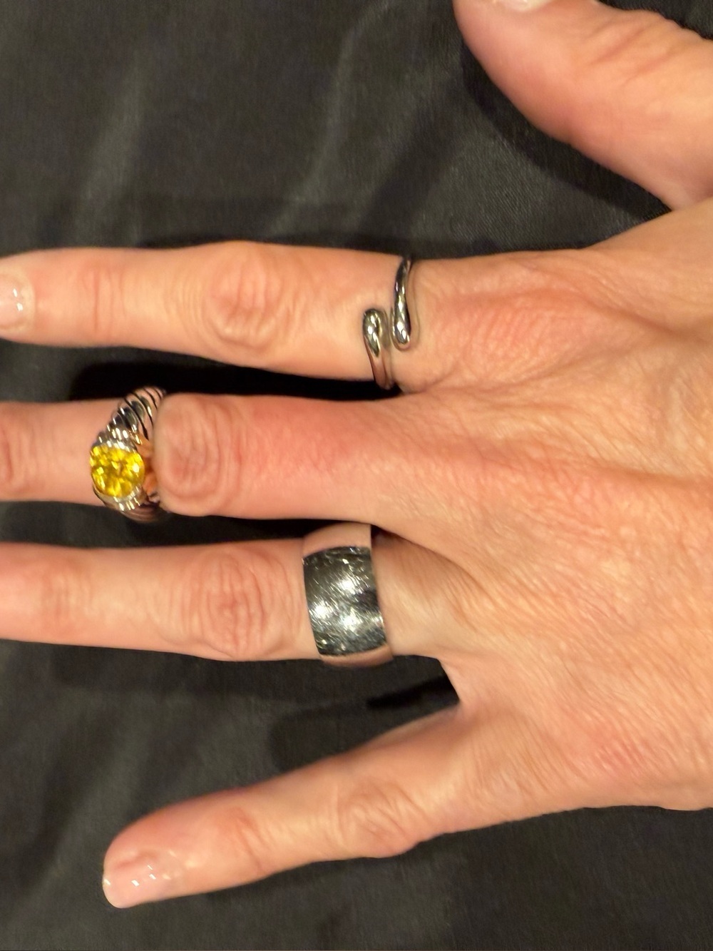 Sterling Ring Set - Citrine Statement Ring + Hammered Wide Band + Twisted Snake